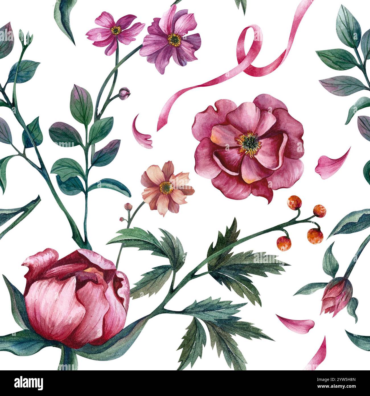 Fiori motivo senza cuciture con foglie e nastro. Illustrazione acquerello botanico su sfondo bianco. L'ornamento è adatto per le vacanze primaverili e per Foto Stock