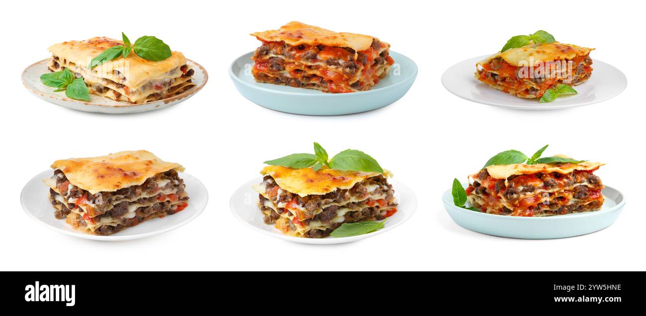 Set di deliziose lasagne isolate su bianco Foto Stock
