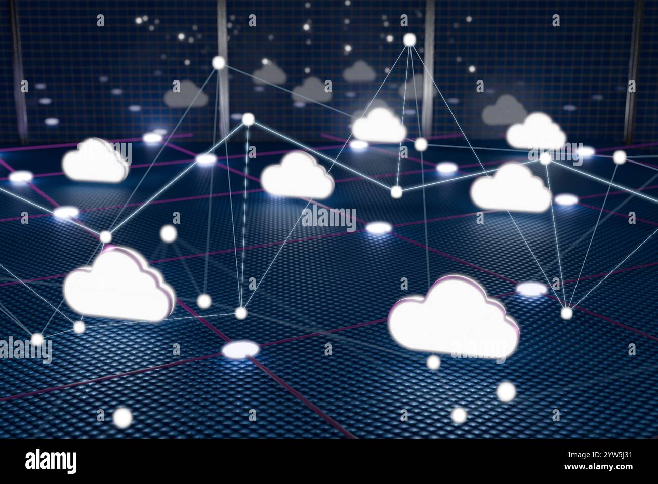 Rete cloud digitale con nodi interconnessi che rappresentano la condivisione dei dati e la tecnologia. rendering 3d. Foto Stock