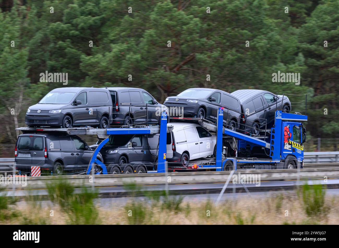 Fangschleuse, Germania. 9 dicembre 2024. Un autotrasportatore carico di nuovi veicoli Volkswagen Caddy è in autostrada. Crediti: Patrick Pleul/dpa/Alamy Live News Foto Stock