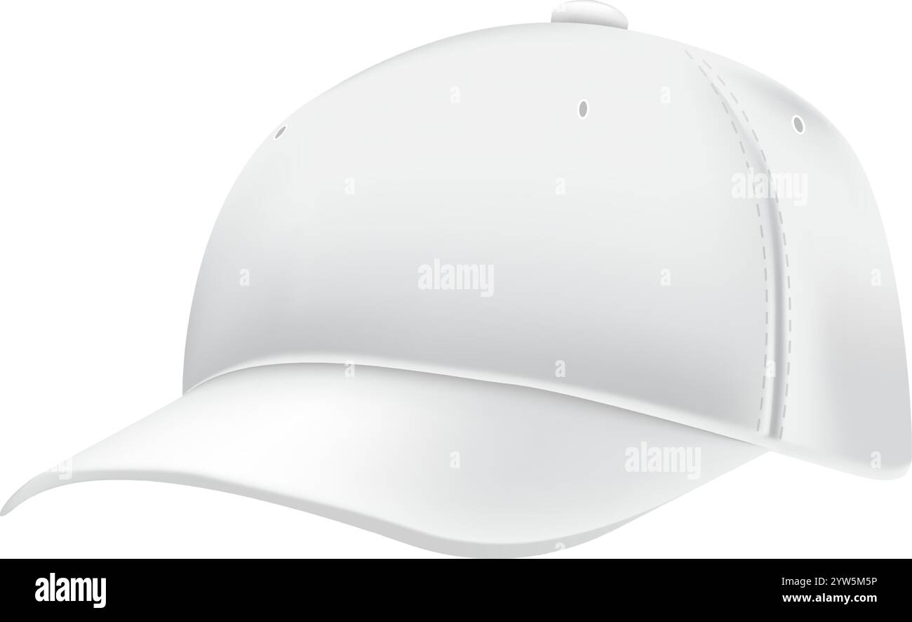 Cappellino da baseball bianco classico con vista frontale, ideale per l'esposizione di disegni o loghi. Visiera curva e occhielli traspiranti migliorano il comfort e. Illustrazione Vettoriale