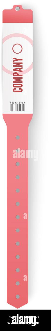 Braccialetto rosa con chiusura regolabile, con logo aziendale, codice a barre e spazio per ulteriori informazioni, progettato per il controllo degli accessi agli eventi e. Illustrazione Vettoriale