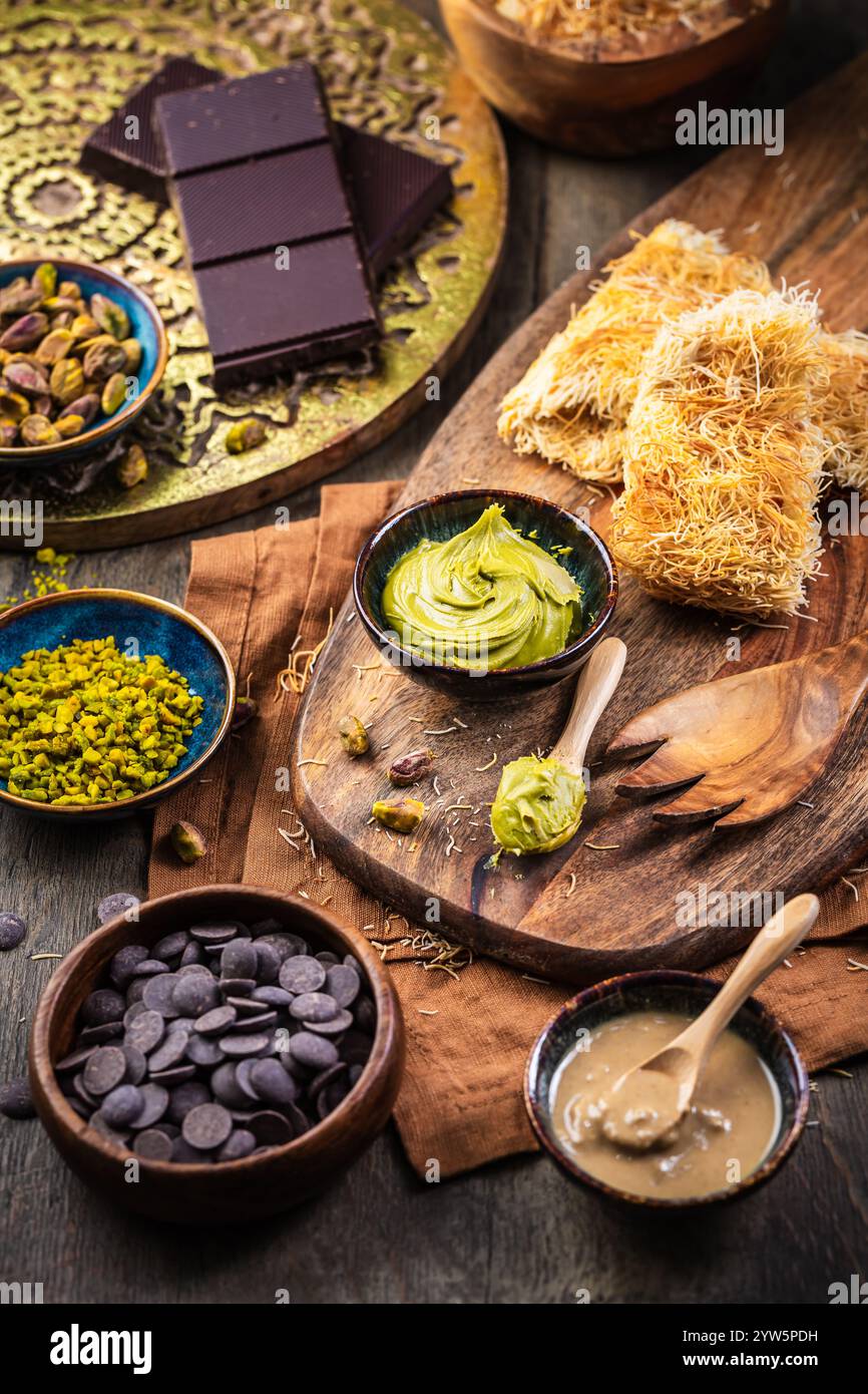 Preparazione del cioccolato di Dubai fatto in casa con ingredienti Foto Stock