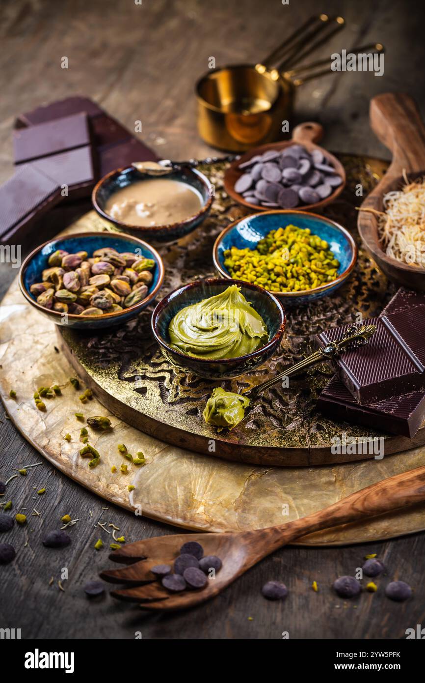 Preparazione del cioccolato di Dubai fatto in casa con ingredienti Foto Stock