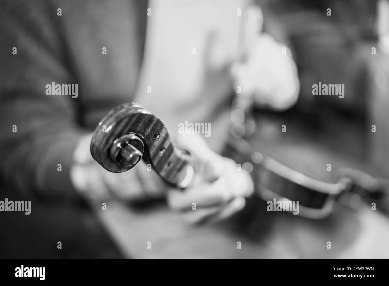 Primo piano di un liutaio che tiene in mano il rotolo di violino in officina, mostrando l'artigianato e la lavorazione del legno Foto Stock