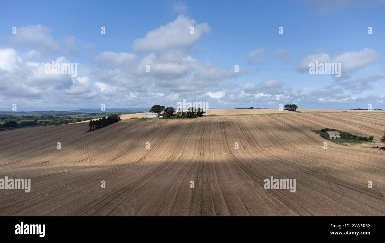 Fienile abbandonato in un campo raccolto Foto Stock