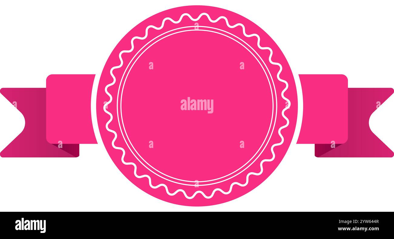 L'etichetta rotonda vuota rosa con striscione a nastro rappresenta un badge premio che celebra il raggiungimento, la qualità o la garanzia, ideale per promozioni o. Illustrazione Vettoriale