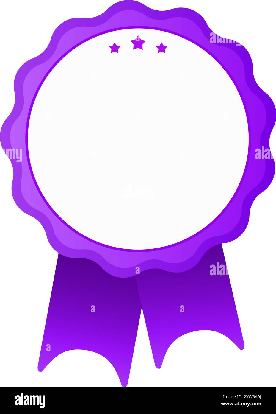 Distintivo bianco viola con nastro e tre stelle che rappresentano la massima qualità, successo e successo, perfetto per aggiungere un tocco di eleganza e. Illustrazione Vettoriale