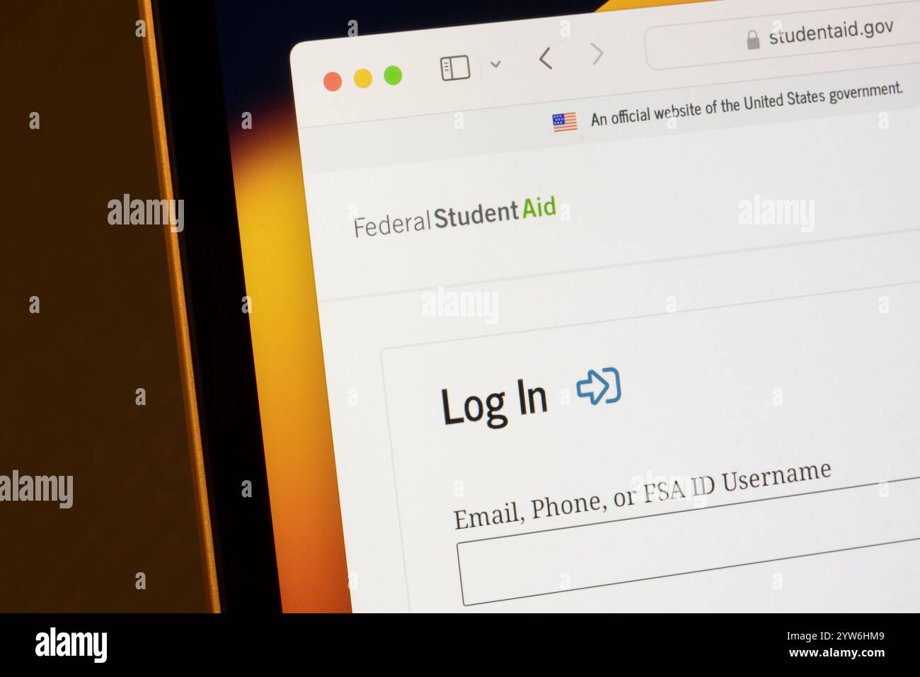 La pagina di accesso dell'account StudentAid.gov è disponibile sul sito Web di Federal Student Aid (FSA), un ufficio del Dipartimento dell'istruzione degli Stati Uniti, su un computer. Foto Stock