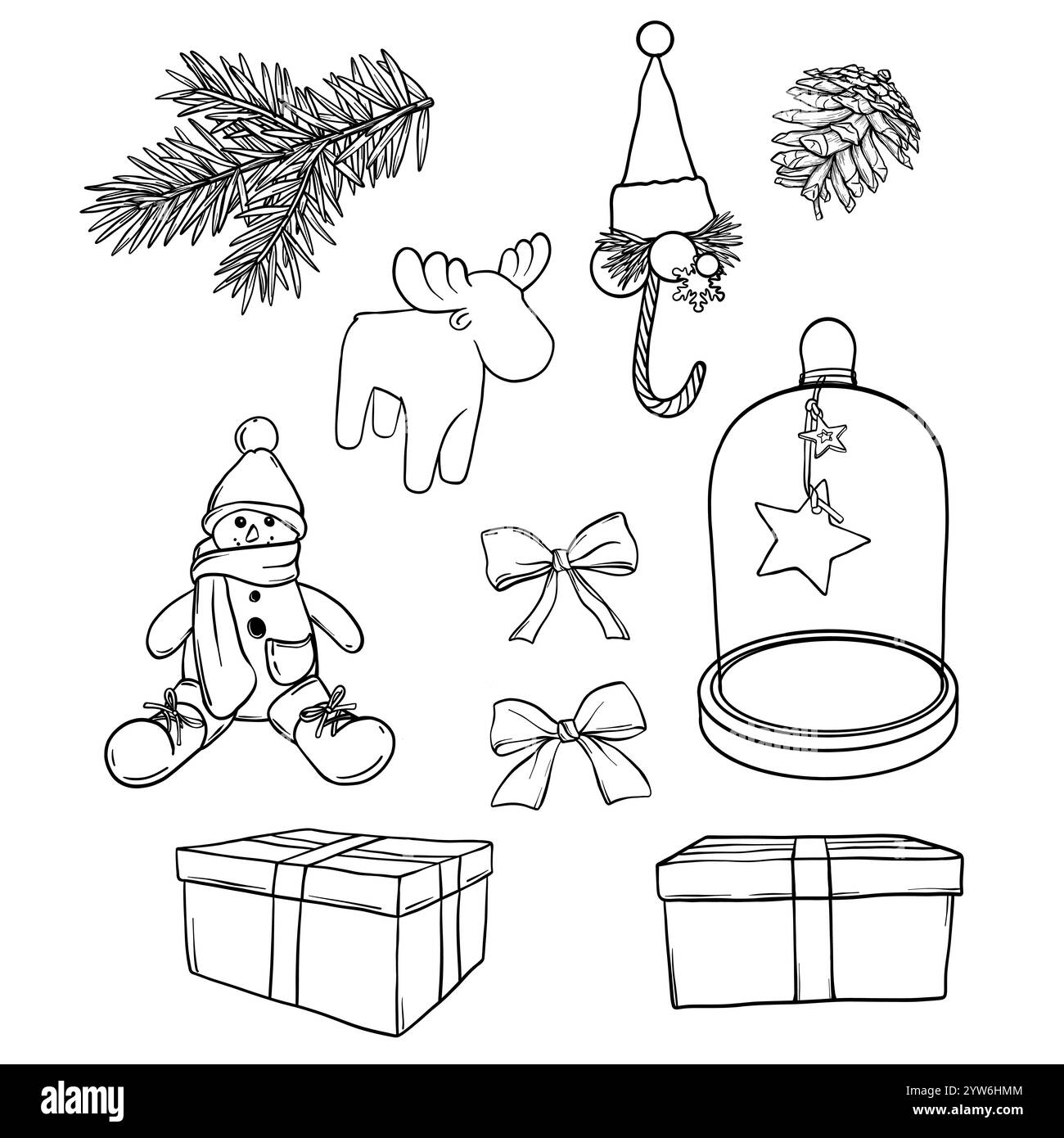 Set vettoriale di decorazioni natalizie. Illustrazioni di Capodanno in stile line art. Cono, rami di abete, giocattoli di Capodanno dipinti da inchiostri neri. Profilo Illustrazione Vettoriale