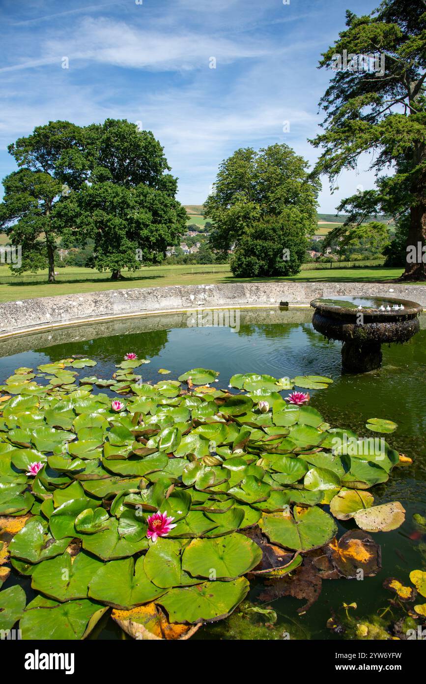 Rovine storiche e fontana con ninfee a Appuldurcombe House, Isola di Wight Foto Stock