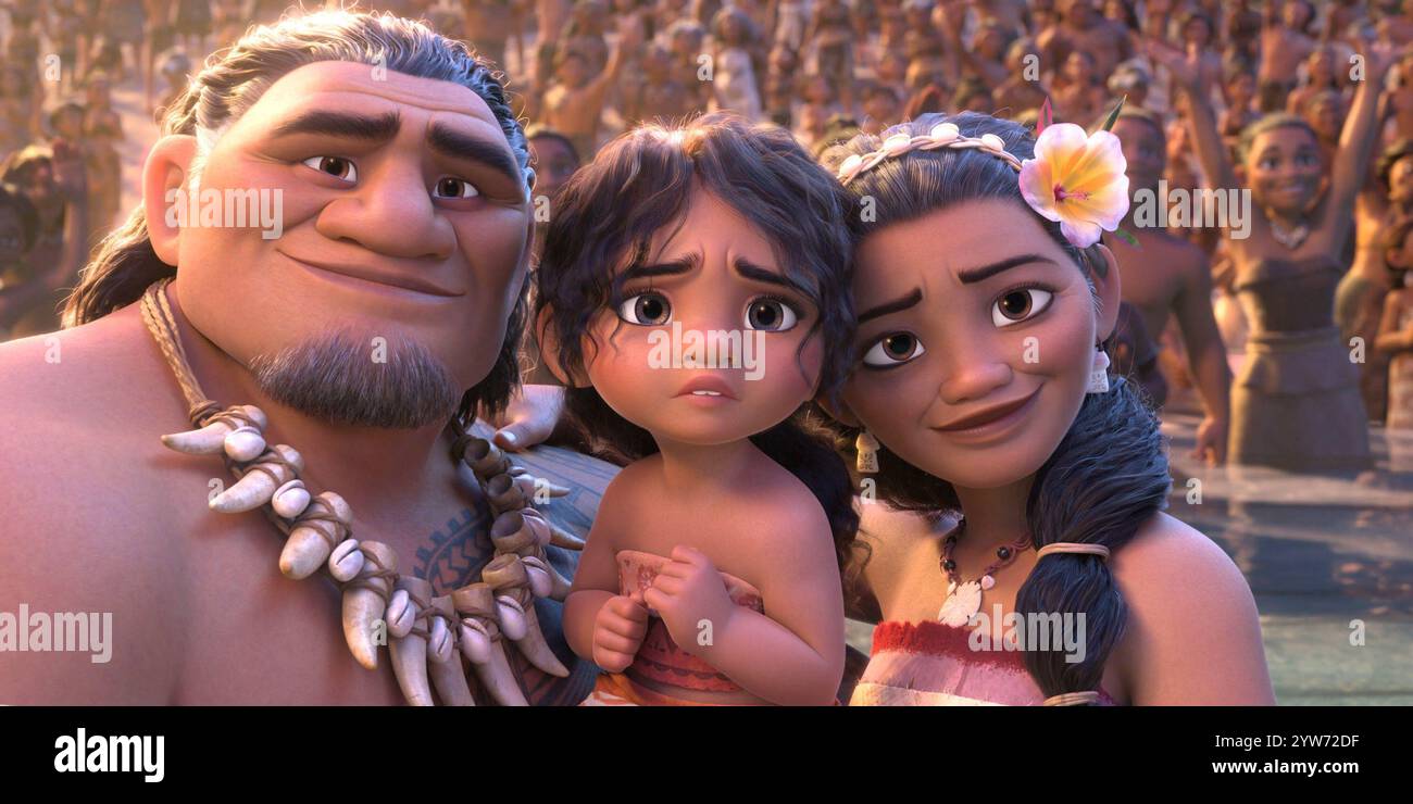 MOANA 2, da sinistra: Capo Tui (voce: Temuera Morrison), Simea (voce: Khaleesi Lambert-Tsuda), Moana (voce: Auli'i Cravalho), 2024. © Walt Disney Studios Motion Pictures / per gentile concessione di Everett Collection Foto Stock