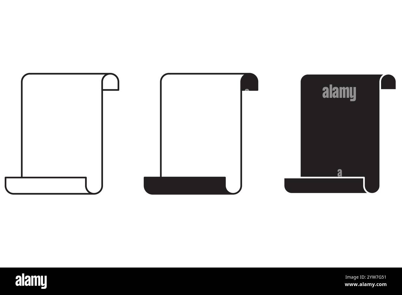 Set di icone di scorrimento. Simboli di carta in rotoli. Vettore bianco e nero. Forme di documenti antichi. Illustrazione Vettoriale