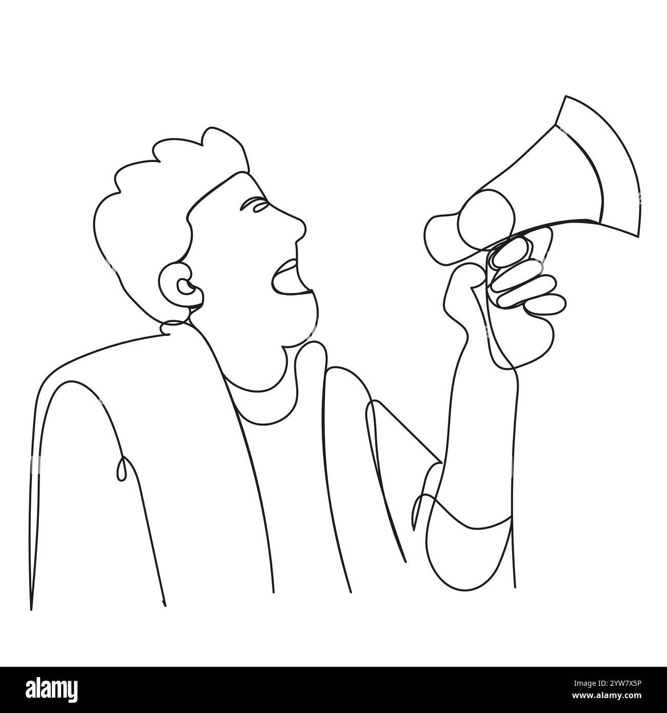 Uomo che urla in una mano di megafono disegnata da una linea su uno sfondo bianco. Illustrazione Vettoriale