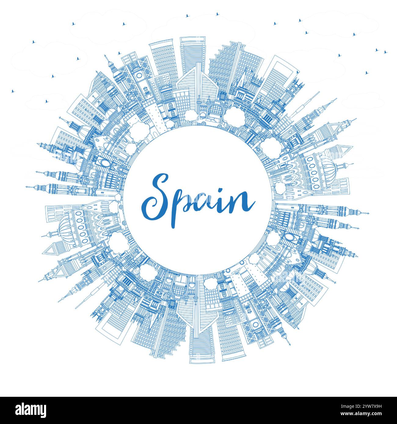 Delinea lo skyline della città di Spagna con edifici blu e spazio copia. Illustrazione vettoriale. Architettura moderna e storica. Paesaggio urbano della Spagna con monumenti storici. Illustrazione Vettoriale