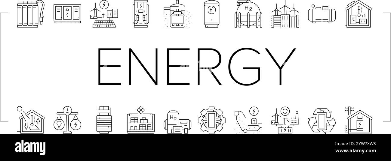 le icone del sistema di alimentazione per l'immagazzinamento di energia impostano il vettore Illustrazione Vettoriale