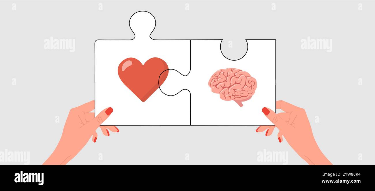Equilibrio cerebrale e cardiaco. Concetto di intelligenza emotiva. Le mani femminili collegavano enigmi con il cuore e il cervello umani. Connessione tra mente e. Illustrazione Vettoriale