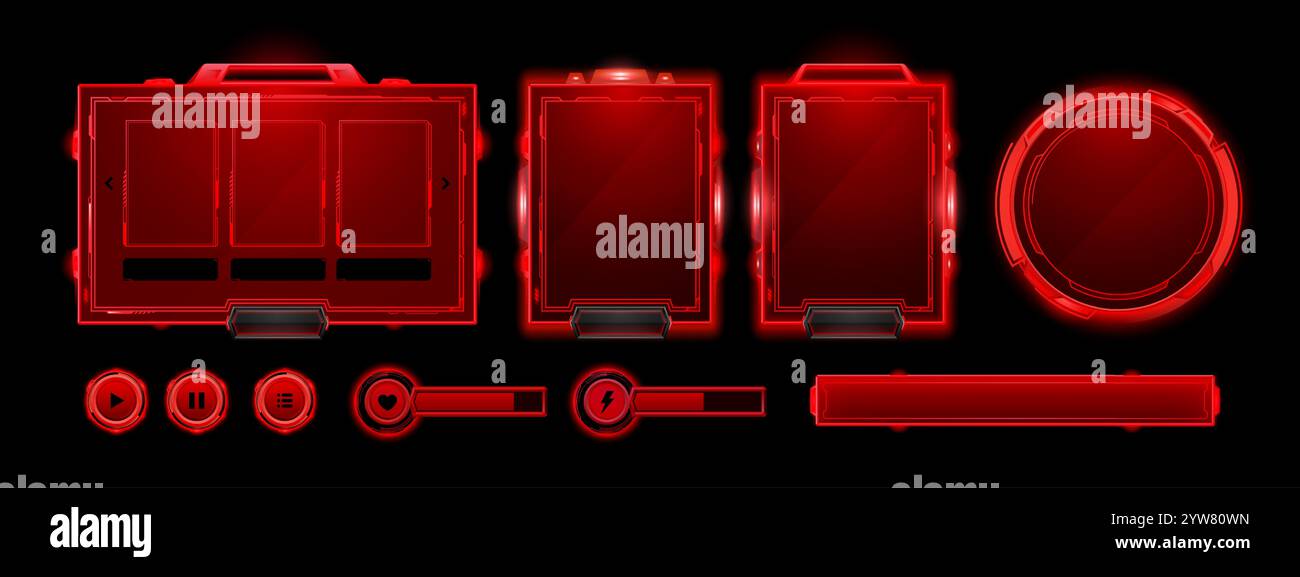 Cornice di gioco rossa hud ui. Interfaccia tecnologica futuristica per l'elemento di allarme pericolo ologramma. Pulsante sci fi e cartello per messaggio militare. Modello di finestra al neon con avvertenza alta astratta per titolo o nome Illustrazione Vettoriale