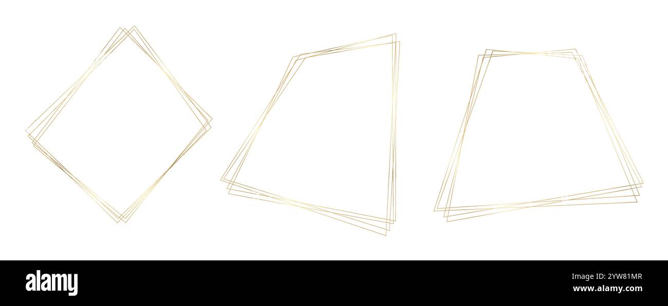 Set di cornici lineari geometriche dorate sottili. Collezione di poliedri geometrici dorati. Elemento da bordo per foto, scheda decorativa, certificato Illustrazione Vettoriale