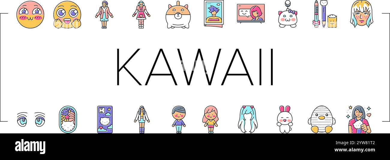 le icone emoticon carine anime di kawaii impostano il vettore Illustrazione Vettoriale