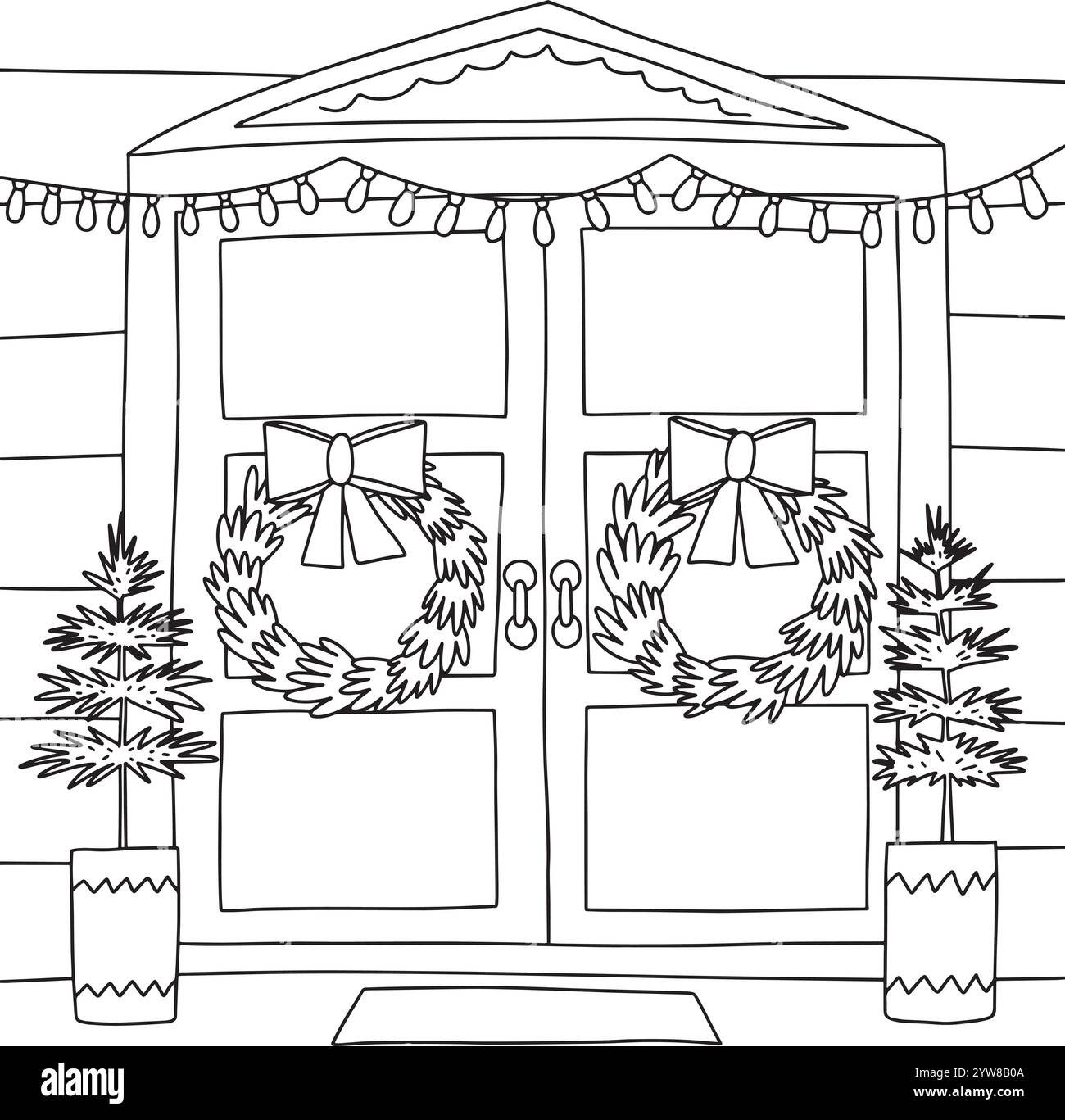Pagina da colorare con porta anteriore e decorazioni natalizie Illustrazione Vettoriale