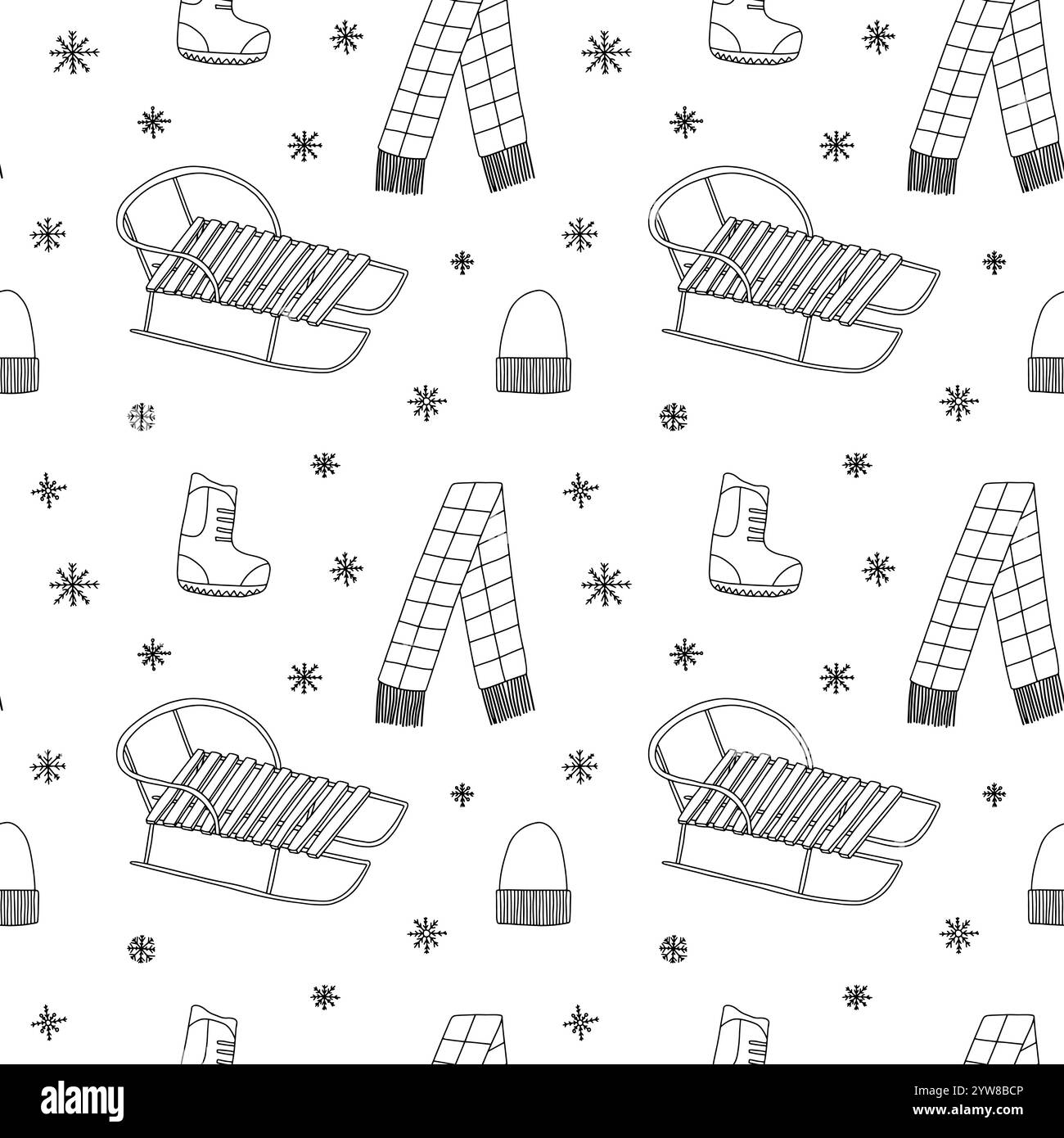 Slitta disegnata a mano e abbigliamento invernale Illustrazione Vettoriale