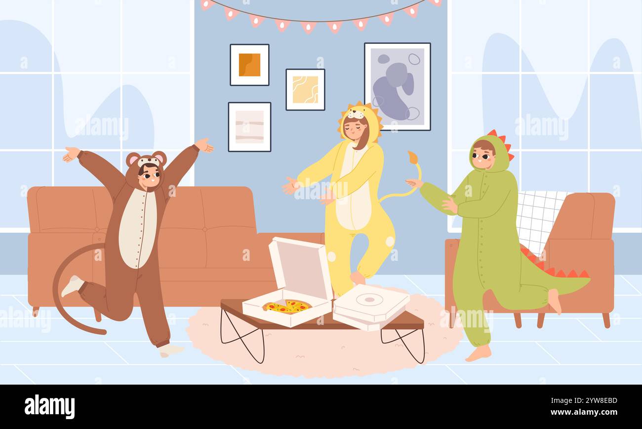 Festa di pigiama a casa. Giovani adulti che indossano pigiami animali, costumi amigurumi. Serata con gli amici della pizza, ragazzi felici da soli sulla scena vettoriale della casa Illustrazione Vettoriale
