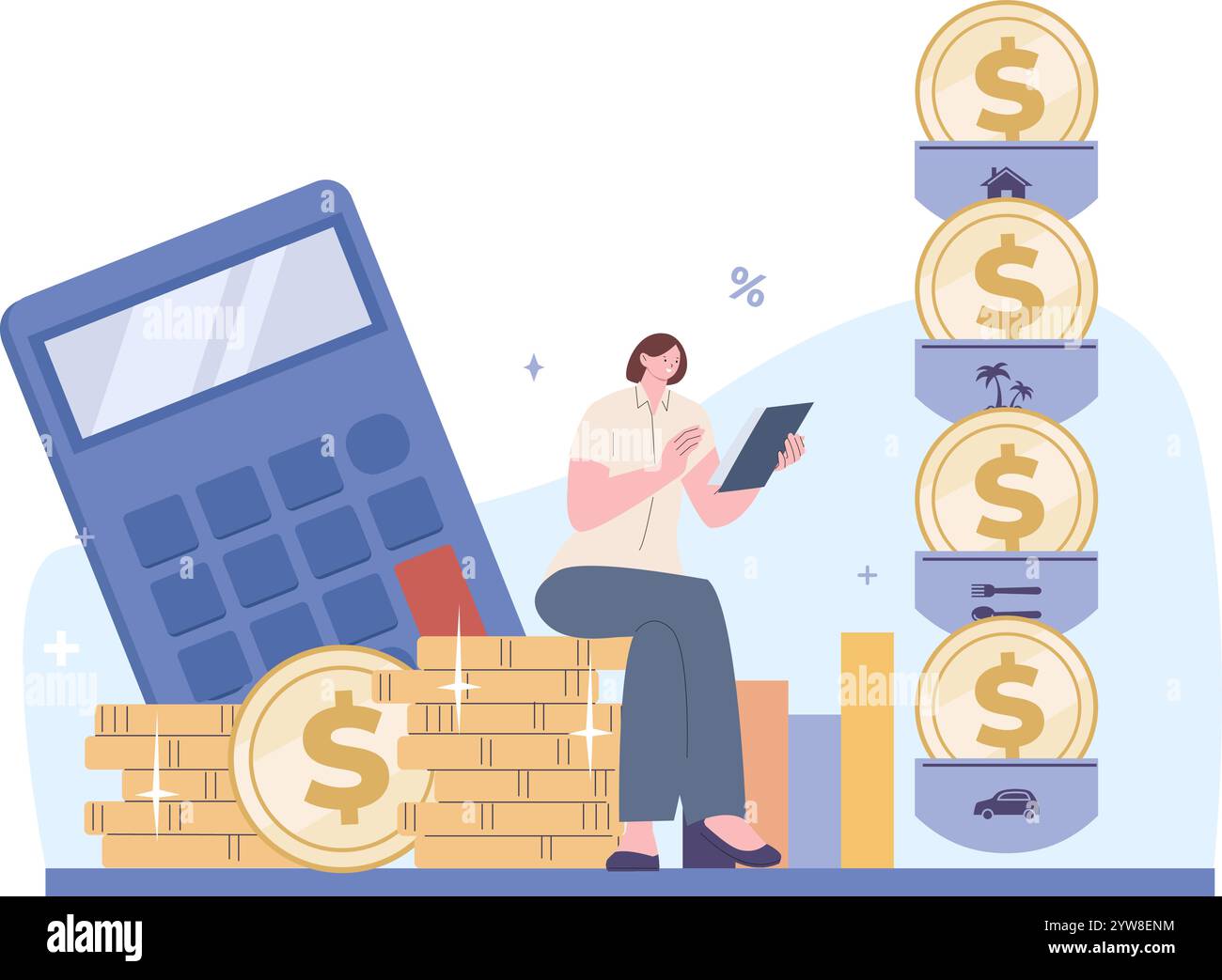 Donna che pianifica il budget. Risparmio di denaro, bollette e pagamenti per le vacanze in auto a casa. Conteggio delle entrate e delle spese femminili, concetto di vettore di strategia finanziaria Illustrazione Vettoriale