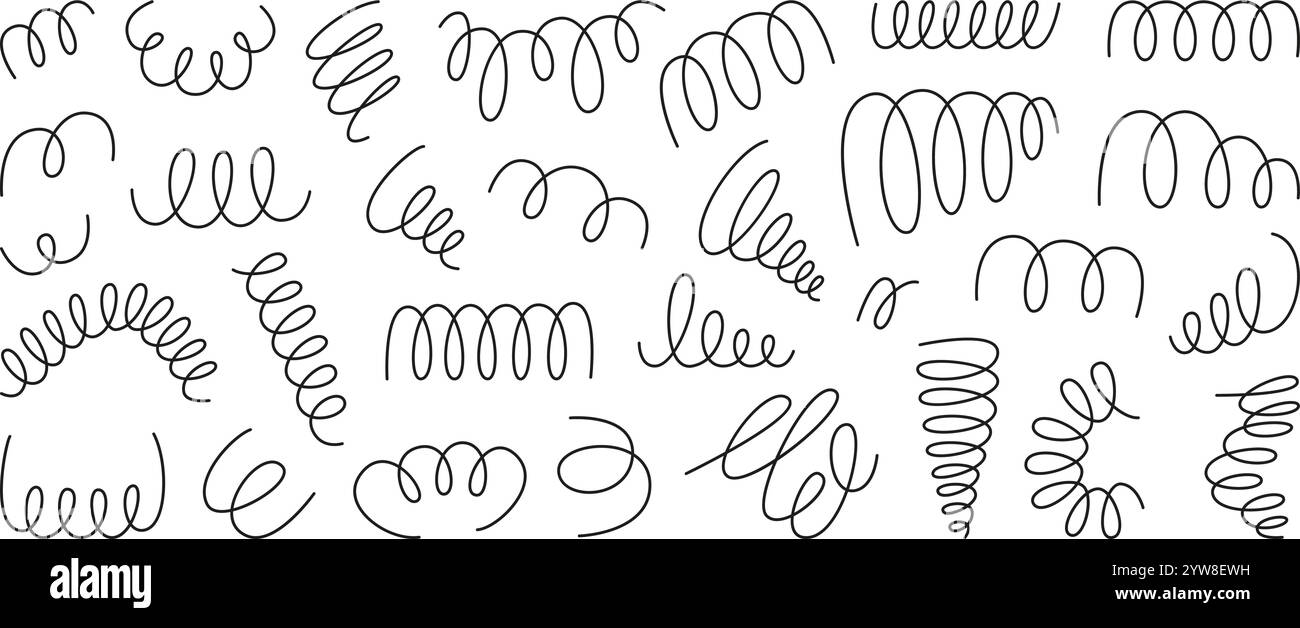 Molle a spirale Doodle. Molle trafilate a mano, icone delle bobine flessibili con filo nero. Spirali decorative in metallo, elementi ghirlande, set vettoriale di bobine piatte neoteriche Illustrazione Vettoriale