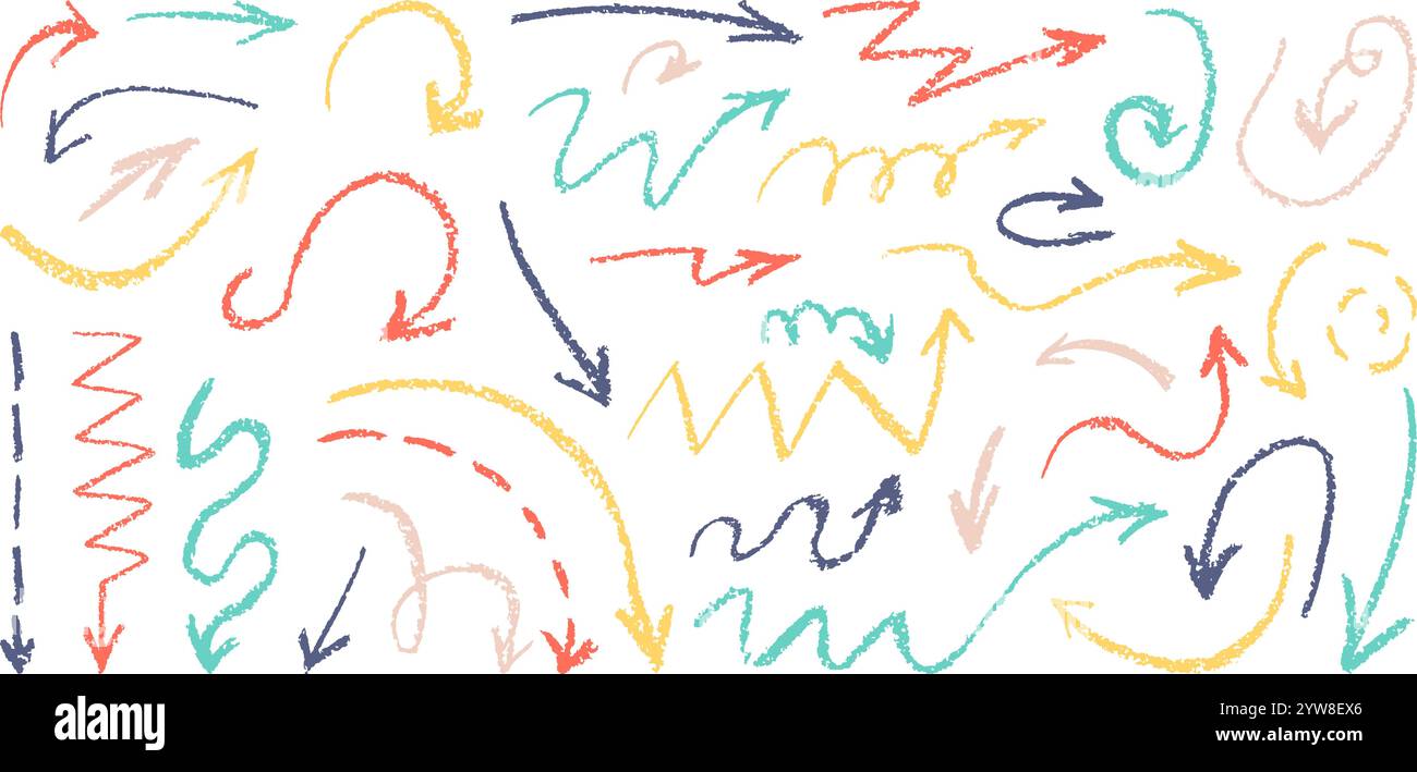 Frecce luminose a matita di carbone. Stile di disegno a freccia del pastello, segnali di direzione. Linee astratte isolate tratti e scarabocchi, clipart vettoriale neoterico Illustrazione Vettoriale
