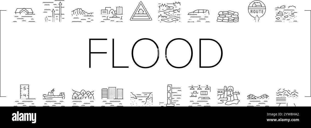 le icone delle inondazioni e delle piogge catastrofiche impostano il vettore Illustrazione Vettoriale