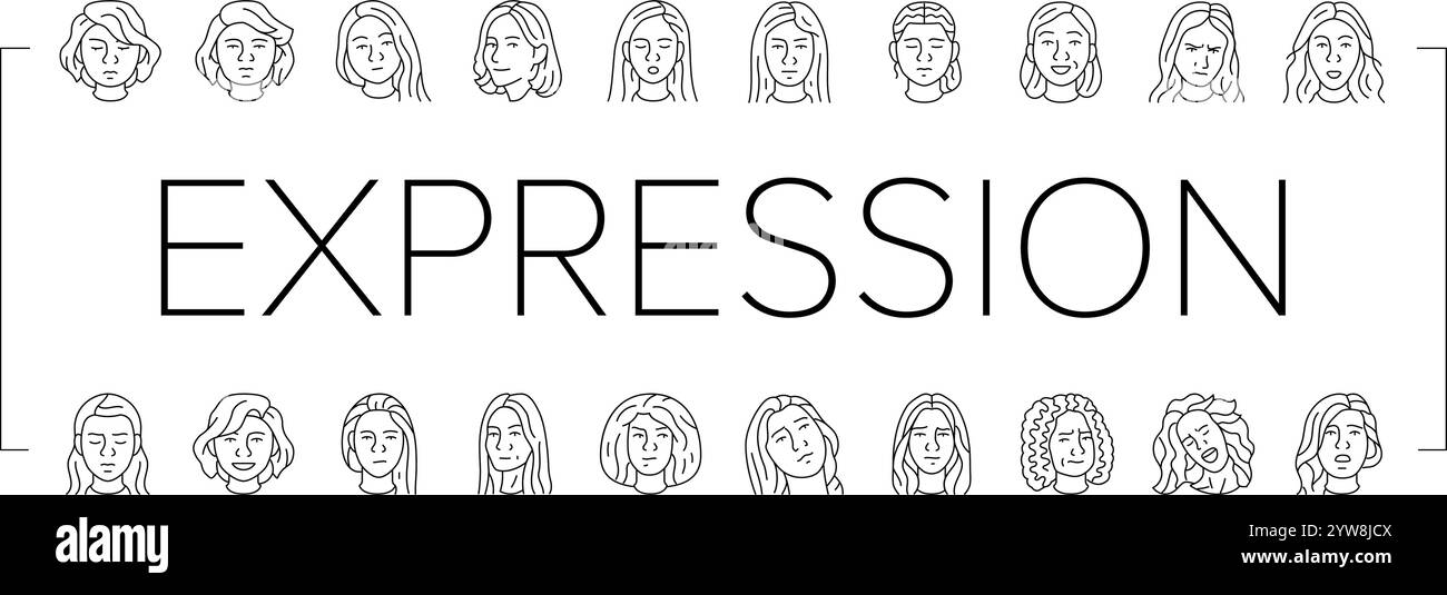 le icone del sorriso femminile dell'espressione facciale impostano il vettore Illustrazione Vettoriale