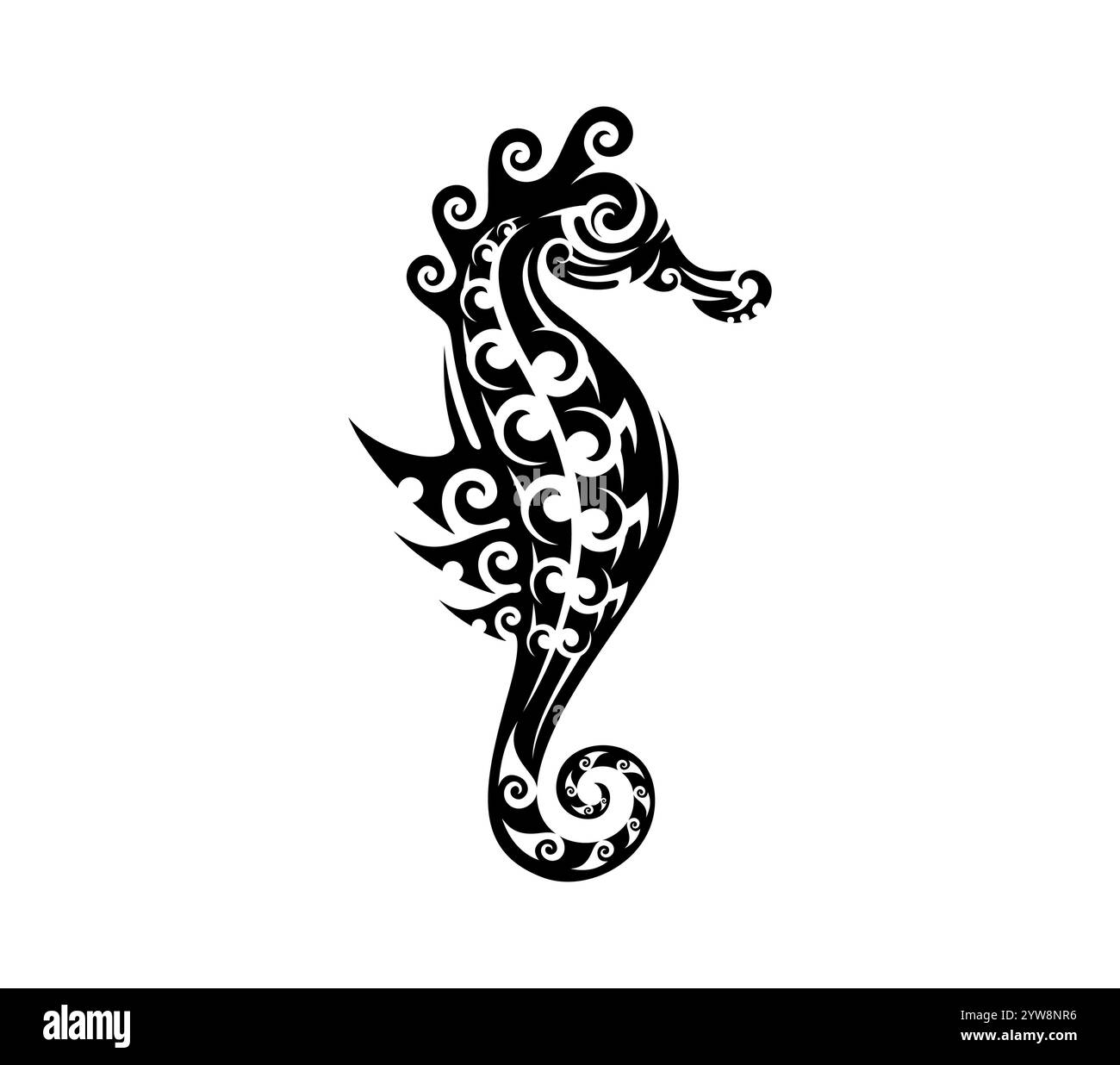 Tatuaggio di animali Maori tribali di cavalluccio marino con curve fluenti e vortici. La forma isolata dell'ippocampo marino con inchiostro nero vettoriale combina simbolismo culturale ed eleganza marina per la body art o la decorazione Illustrazione Vettoriale