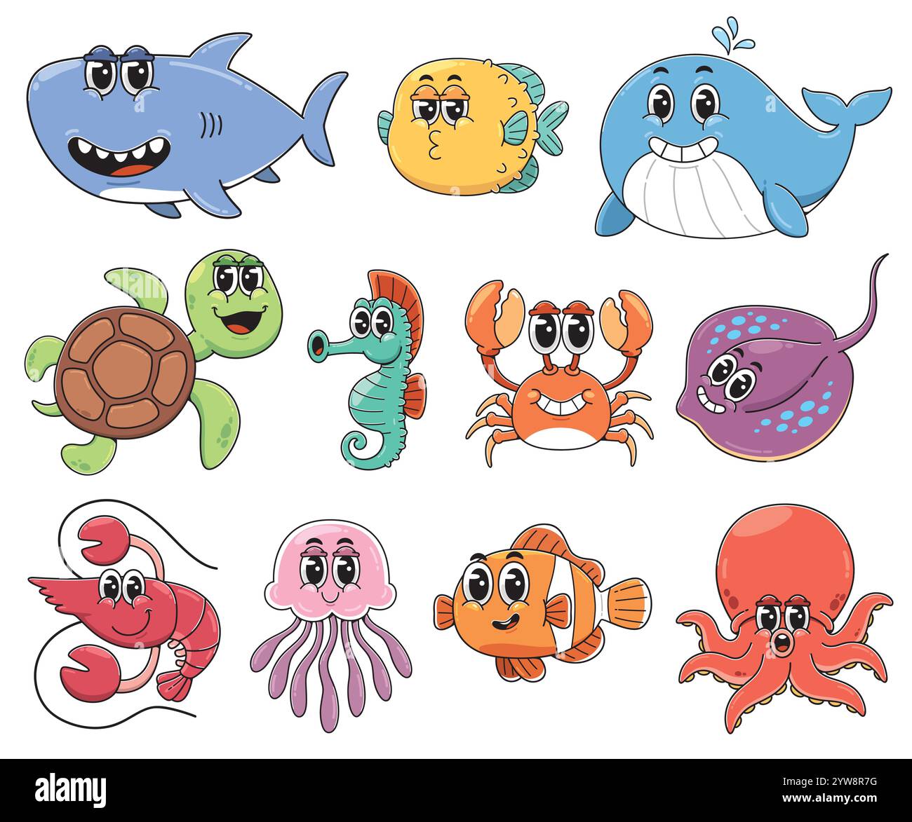 Carino personaggio Cartoon Sea Animals, Cartoon Underwater Animals Illustrazione Vettoriale