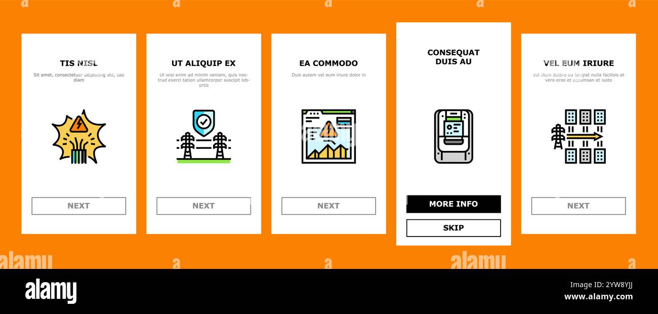 le icone di onboarding dell'energia della rete elettrica impostano il vettore Illustrazione Vettoriale