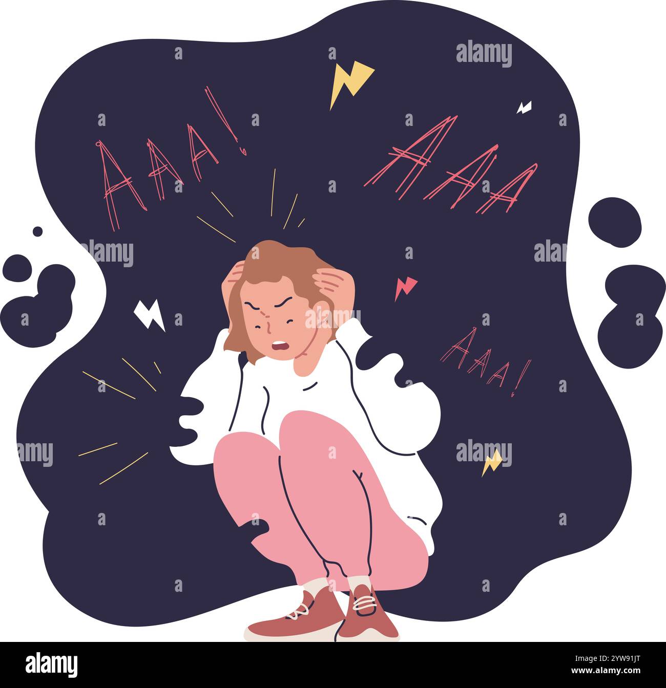 Stress post traumatico. Donna triste problemi psicoossessivi compulsivi, disturbo mentale depressione ptsd dolore traumatico ansia solitudine persona ossessionata illustrazione vettoriale originale Illustrazione Vettoriale