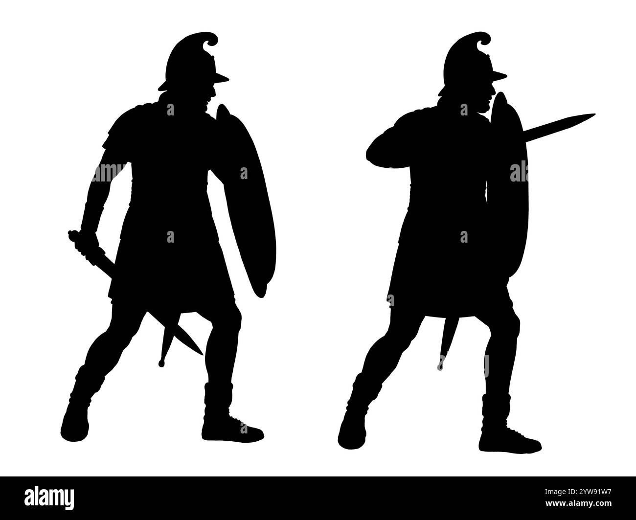 Guerrieri macedoni in battaglia. Disegno di silhouette nera della fanteria greca antica. Foto Stock