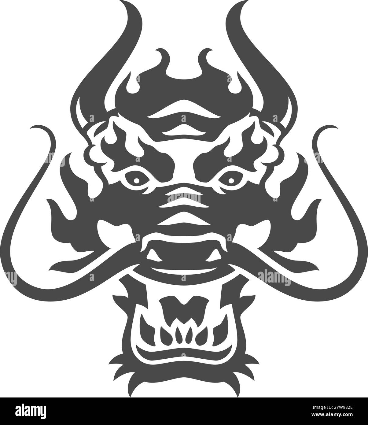 Drago della mitologia arrabbiata, antico mostro con corna e baffi, ritratto della testa di museruola, illustrazione di un'icona monocromatica vettoriale. Dinosauro aggressivo con aperto Illustrazione Vettoriale