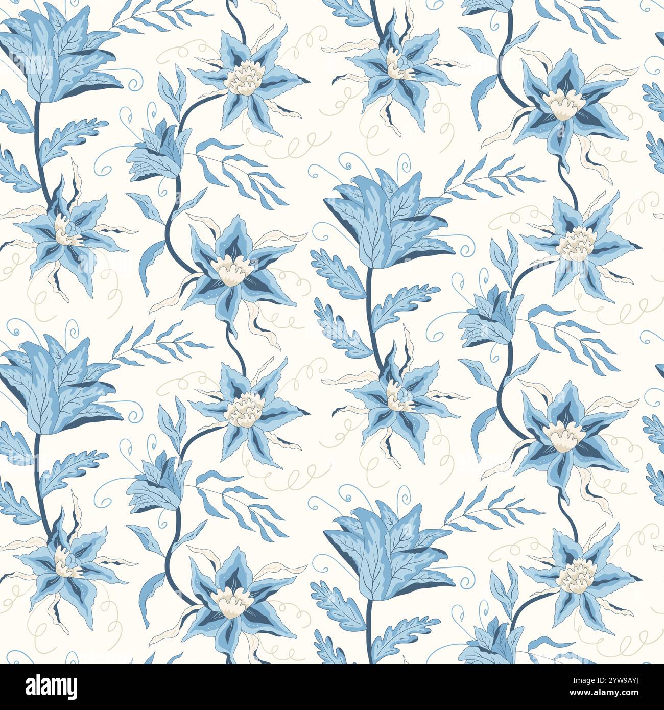 Motivo chintz floreale senza cuciture. I fiori ripetono la copertina dello sfondo. Design a motivo di superficie moderno con fiori selvatici. Rami e plumeria stravagante fattoria Illustrazione Vettoriale