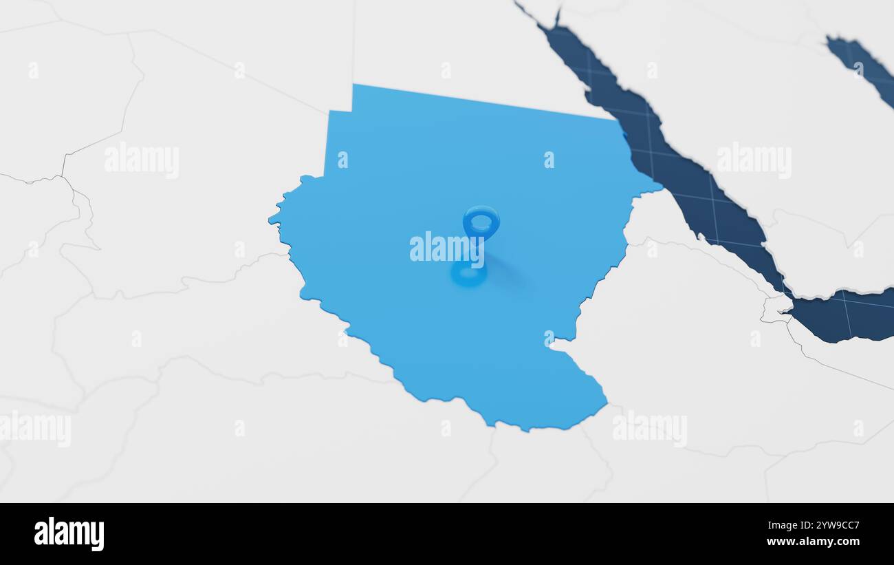 Mappa 3d del Sudan blu con puntino circondato da altri paesi in bianco. Europa carta politica con confini. illustrazione di rendering 3d. Foto Stock