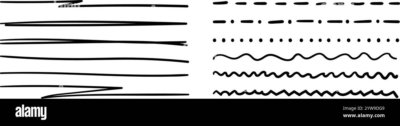 Tratti sottolineati del pennello disegnati a mano. Set vettoriale di linee di inchiostro per schizzi di scarabocchi, bordi della matita Illustrazione Vettoriale