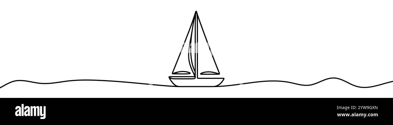 Un'illustrazione a linea continua di una barca o di uno yacht, isolata su sfondo bianco. Arte di linea di una barca o di uno yacht Illustrazione Vettoriale