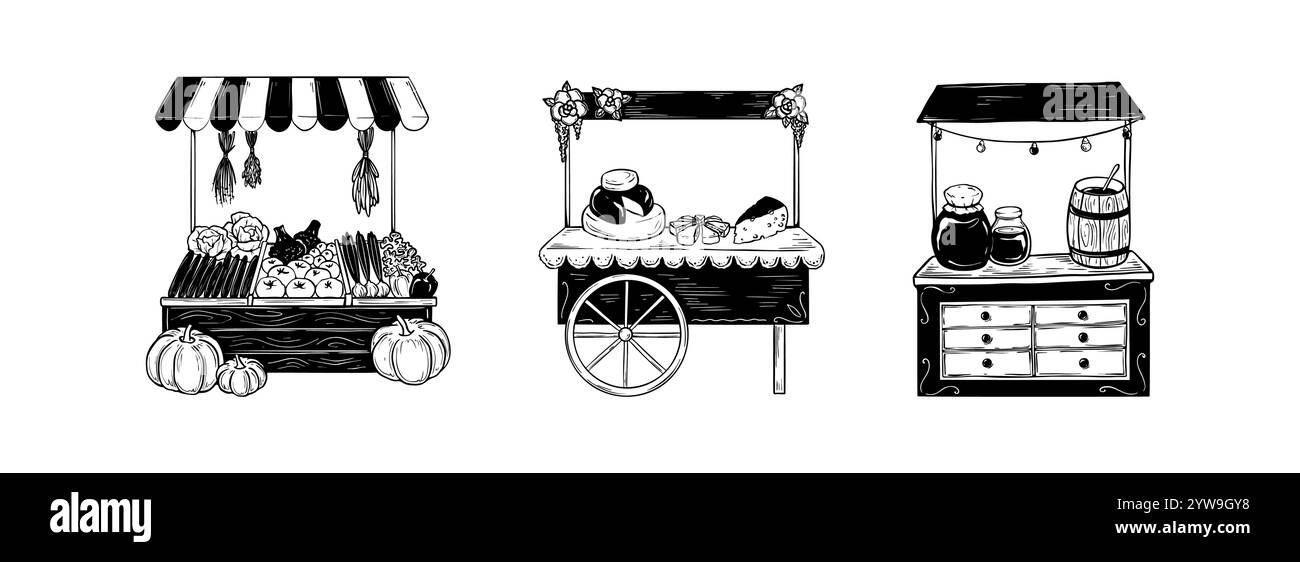 Set di bancarelle per il mercato locale disegnate a mano. Banco fiera degli agricoltori. Verdure, formaggi, Illustrazione Vettoriale