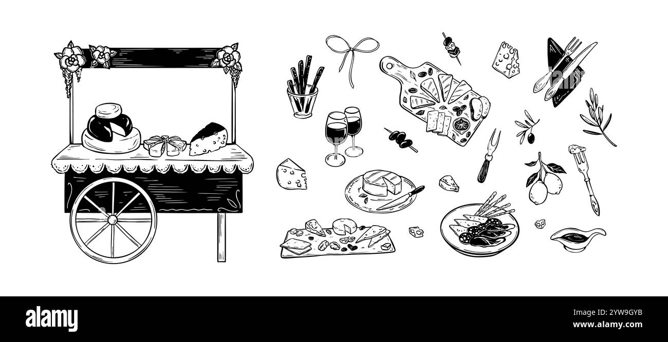 Set di elementi di design disegnati a mano per il caseificio. Clipart per la scrittura a mano di doodle da banco per latticini. Bancarelle di formaggi e vini del mercato agricolo. Rivenditore locale. Illustrazione Vettoriale