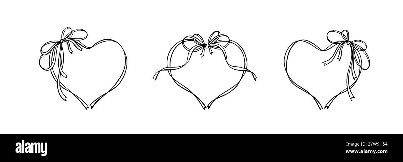 Set di telai a nastro a cuore boho disegnati a mano. San Valentino, matrimonio, Save the Date elementi di design romantici per inviti, biglietti d'auguri Illustrazione Vettoriale