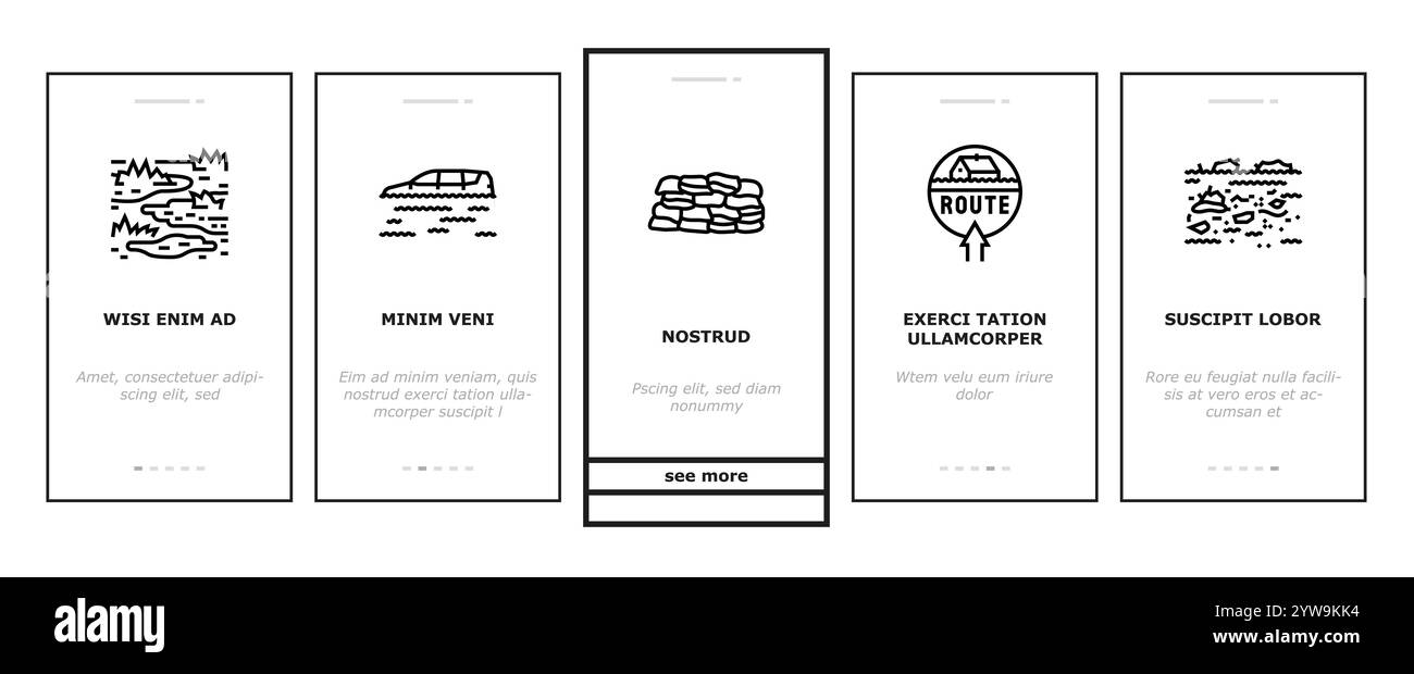 le icone di onboarding delle inondazioni delle catastrofi delle piogge impostano il vettore Illustrazione Vettoriale