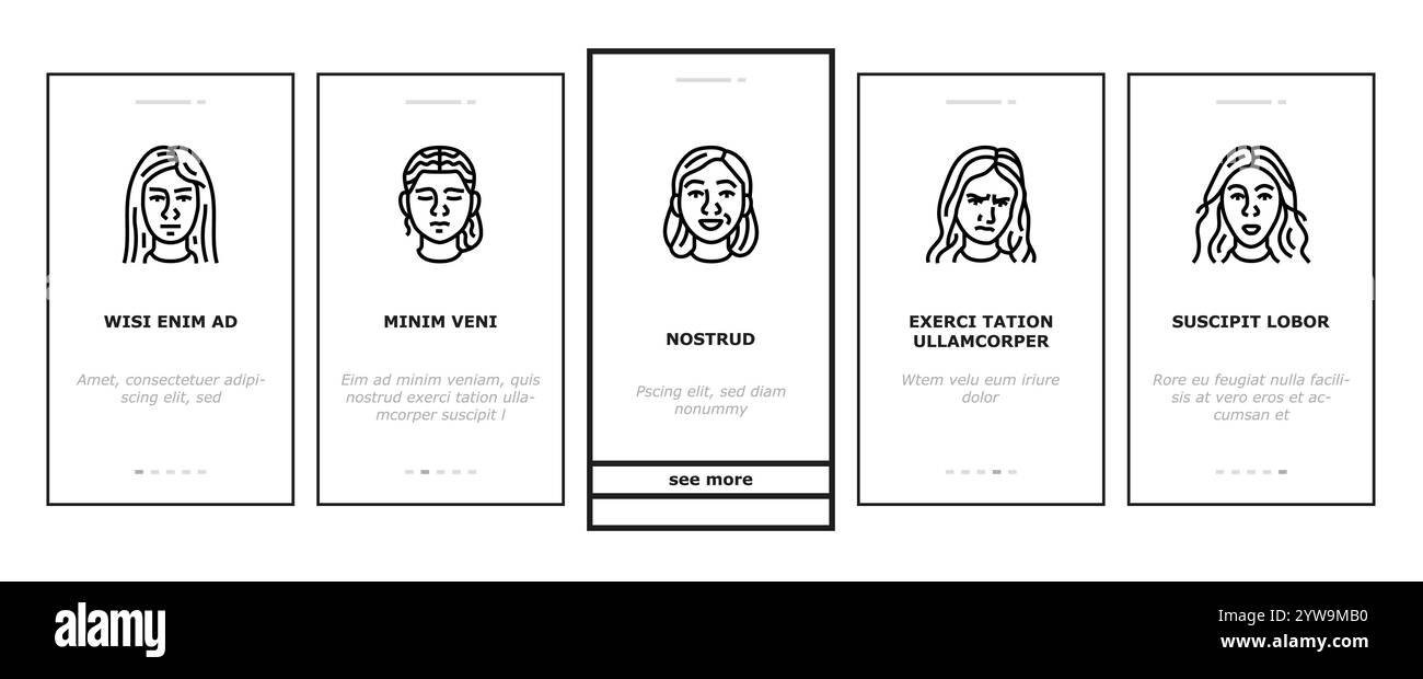 le icone di onboarding per il sorriso femminile dell'espressione facciale impostano il vettore Illustrazione Vettoriale