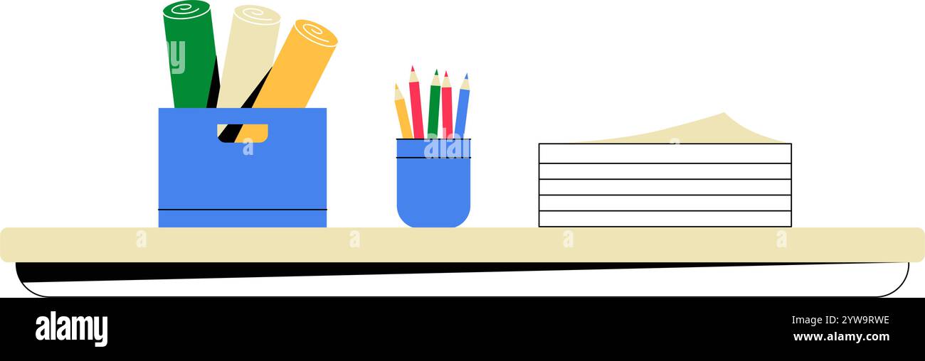 Articoli di cancelleria su ripiano in illustrazione vettoriale piatta che simboleggia l'organizzazione dell'ufficio, la creatività e l'ambiente di lavoro, isolati su sfondo bianco Illustrazione Vettoriale