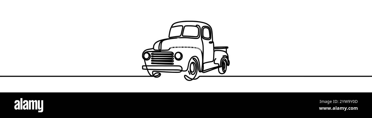 Una linea continua raffigurante un pick-up retro isolato su sfondo bianco. La line art di un pick-up retrò. Illustrazione Vettoriale