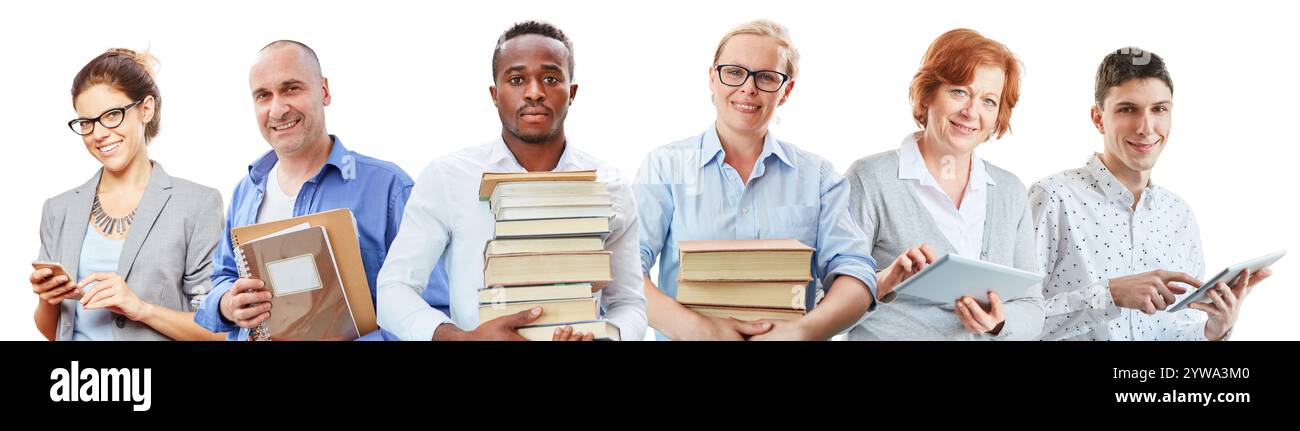 Adulti con materiali di apprendimento come concetto di educazione e formazione per adulti Foto Stock